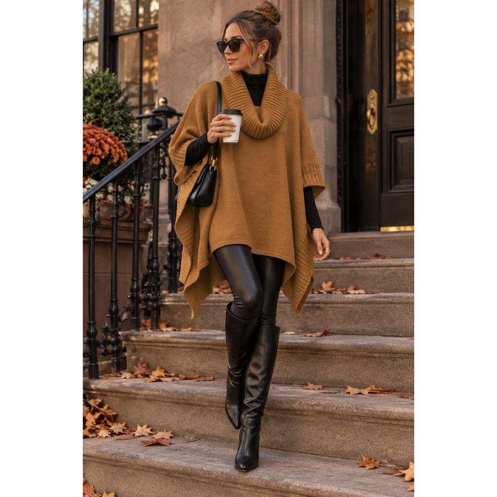 H&M Camel Brown Cowl Neck Poncho Sweater Cape Oversized One Size